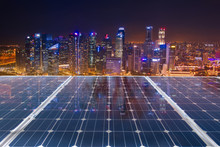 Solar Panel Over Cityscapes, Solar Power Green Energy For Life Concept,City Singapore Skyline.