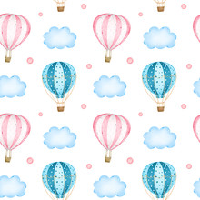 Cartoon Pink And Blue Hot Air Balloons In The Sky Among Clouds Seamless Pattern