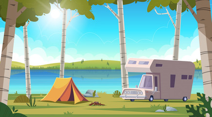 Wall Mural - Summer landscape with birch trees and blue lake view and camping . Summer camp on lake shore.