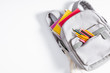 Back to school concept. Backpack with school supplies, pens, pencils, notebook on white background. Flat lay, top view, copy space