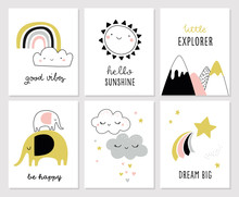 Cute Baby Cards Or Nursery Posters With Animals, Icons And Quotes. Rainbow, Elephant, Sun, Clouds, Hand Drawn Vector Illustration For Prints, Cards, Apparel.