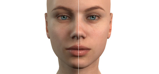 a women's before after face . dryness and old age symptoms . dry skin . isolated woman face . 3d illustration