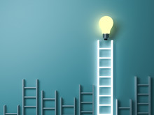 Stand Out From The Crowd And Different Creative Idea Concepts Longest Light Ladder Glowing With Bright Idea Bulb Among Other Short Ladders On Blue Green Pastel Color Background 3D Rendering