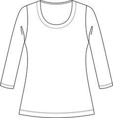 Women's Long Sleeve T-Shirt. Fashion Flat Sketch, apparel template, vector. Flatlock stitch detailed t shirt