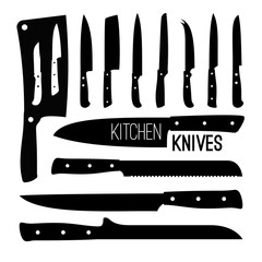 Butcher knives silhouettes. Butchers chef vector knife silhouette set isolated on white, beef prepared metal utensil types, cooking kitchen steel black icons