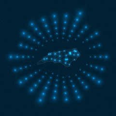 North Carolina digital map. Glowing rays radiating from the us state. Network connections and telecommunication design. Vector illustration.