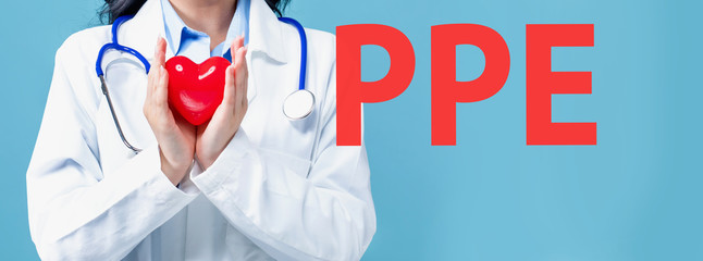 PPE coronavirus theme with a doctor holding a heart on a blue background