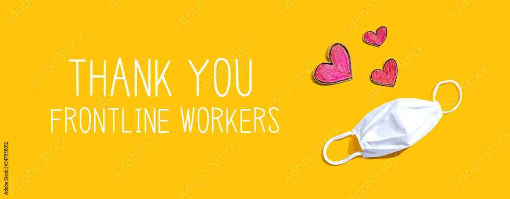 Thank You Frontline Workers message with a face mask and heart drawings - obrazy, fototapety, plakaty 