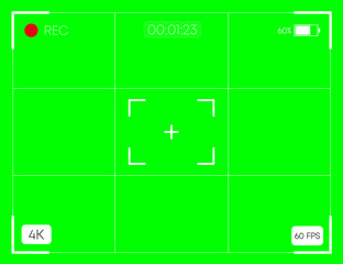 Camera horizontal viewfinder template on green background. 4K video recording screen. Vector