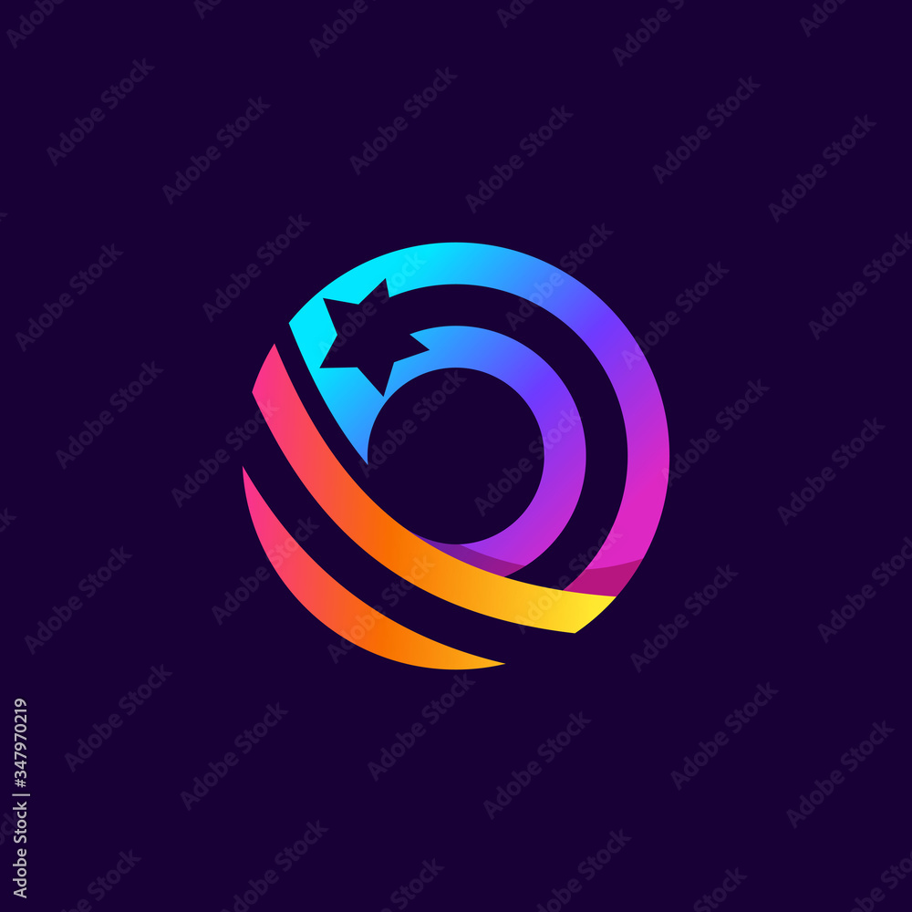 Letter O logo with star inside. Vector parallel lines icon.