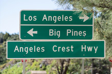 Angeles Crest Highway Directional Sign To Big Pines Or Los Angeles In The San Gabriel Mountains In Southern California.  