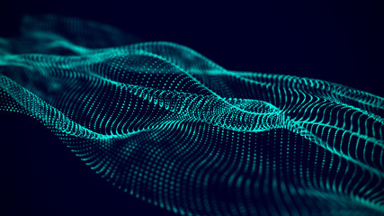 Leinwandbilder - Dynamic particles wave. Blue dots on black background. Digital landscape. 3d rendering. Big data visualization 3D. Futuristic backdrop for design, wallpaper.