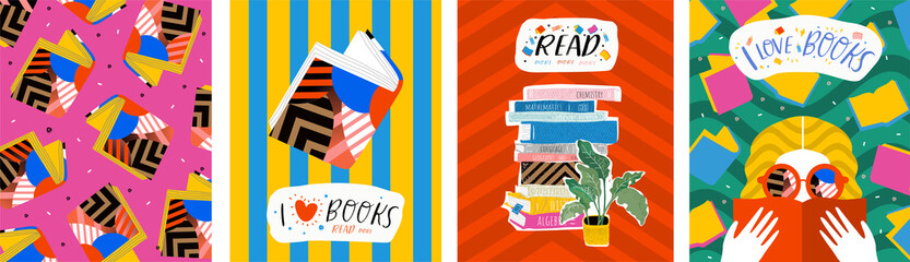 I love books. Vector illustration of abstract pop art posters with books, reading people and pattern. Graphic for background, banner or cover.
