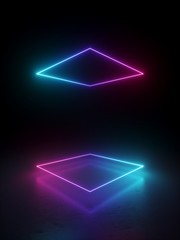 Wall Mural - 3d render, abstract minimal geometric background. Glowing neon lines. Stage laser show illumination. Blank rectangular shapes, square frames, virtual reality with copy space