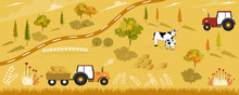 Set Autumn Harvest. Vector Isolated, Flat Cartoon Illustration, Harvested Field With Tractor,cows,straw Bales,wooden Fence, Trees, Flower, Grass And Clouds,  Farmlands In Fall Season In Orange Foliage