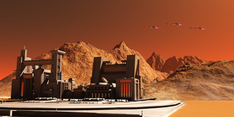 Mars Landscape - Three spacecraft fly near an installation habitat on the red planet of Mars in the future.