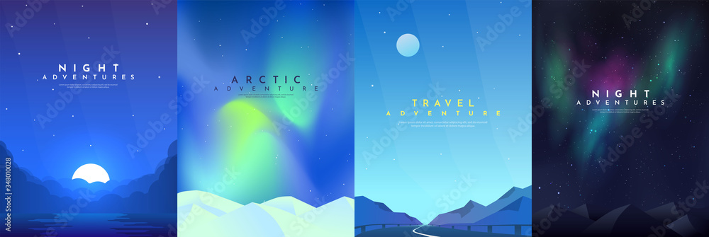 Vector abstract background set. Minimalist style. Flat concept. 4 landscapes collection. Clouds by the water, road between mountains, aurora in the Arctic, night boreal. Cover template. UI design.  - obrazy, fototapety, plakaty 