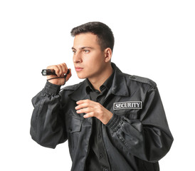 Sticker - Male security guard with flashlight on white background