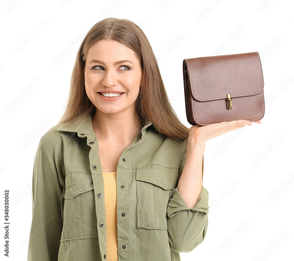 Beautiful woman with stylish bag on white background