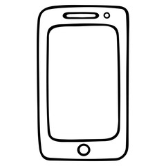 Touchscreen smartphone. A device for making calls, reading books, accessing the Internet. Vector illustration. Contour on an isolated white background. Doodle style. Sketch. Space for text on screen. 