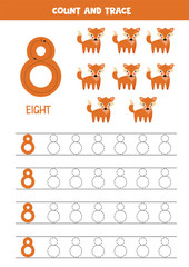 Worksheet for learning numbers with cute foxes. Number 8.