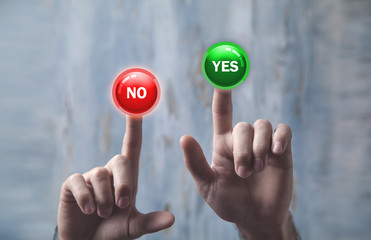 Wall Mural - male hands pressing yes and no buttons in screen.