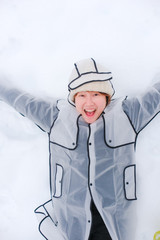 Portrait lifestyle expression happy beautiful pretty cute young Asian woman wearing hat smiling face enjoyment fun playing lying with white snow in nature winter season, outdoors relaxation activity.