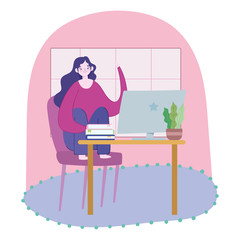 Canvas Print - working remotely, woman sitting on chair with computer in desk