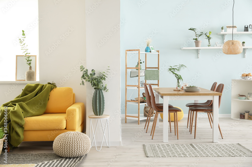 Interior of modern stylish dining room in studio apartment