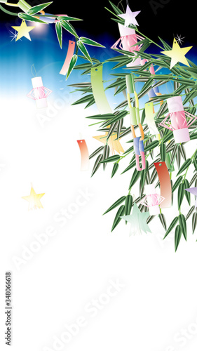 七夕飾り笹の葉にキラキラした大きいあみ飾りのイラストワイドサイス縦スタイルバーチャル背景素材 Ilustracion De Stock Adobe Stock