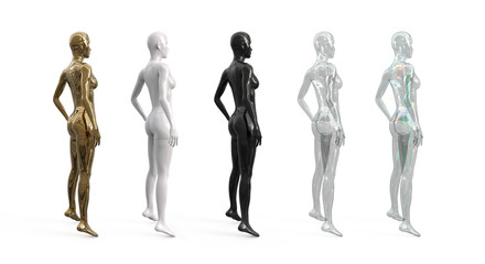 Wall Mural - 3d illustration of the figure of a female mannequin for a shop window of a fashion boutique. Side view. Female realistic plastic, glass and metal standing mannequin for clothes.
