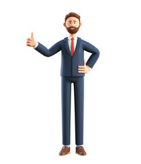 Wall Mural - Portrait of smiling happy businessman showing gesture cool. 3D illustration of cartoon standing man in suit with thumb up, isolated on white background.