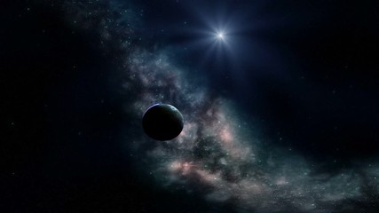alien planet and nebula. there are blue stars in the dark sky, a beautiful multi-colored nebula. a p