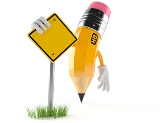 Canvas Print - Pencil character with blank road sign