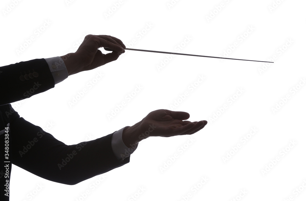 Silhouette of male conductor on white background