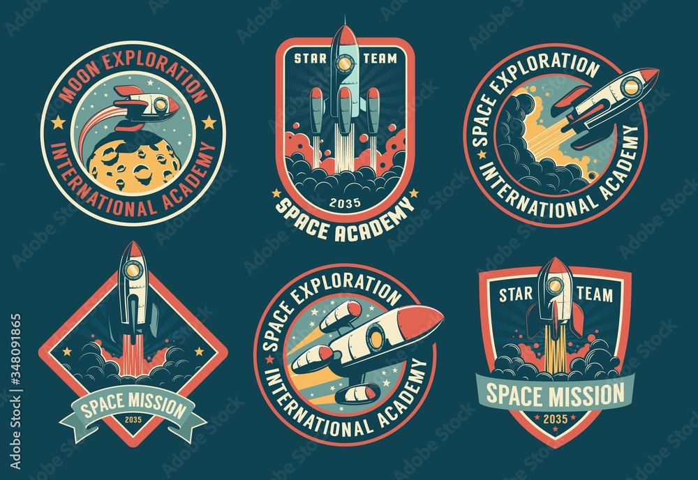 Space vintage badges, emblems and labels set. Rocket retro logos pack. Vector illustartion. - obrazy, fototapety, plakaty 