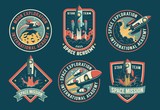 Fototapeta Kosmos - Space vintage badges, emblems and labels set. Rocket retro logos pack. Vector illustartion.