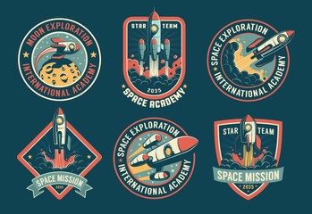 space vintage badges, emblems and labels set. rocket retro logos pack. vector illustartion.