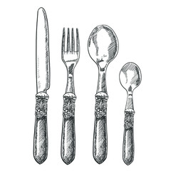 Vector hand drawn vintage cutlery set with table knife, fork, table spoon and tea spoon digital design elements for your logo, advertisement, menu, cafe, banner or flyers.