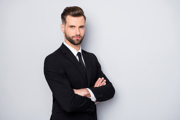 Sticker - Turned photo of successful businessman company owner feel he real expert cross hands wear good looking outfit isolated over grey color background