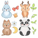 Fototapeta Pokój dzieciecy - set of cute cartoon animals: rabbit, panda, deer and cat