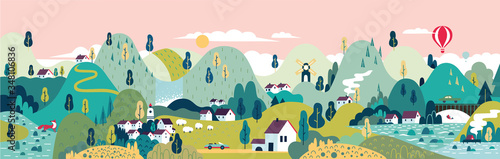 Fotomural Village. Small town. Rural and urban landscape.