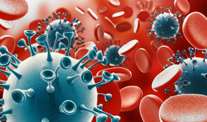 Wall Mural - Coronavirus microscopic view. Floating influenza virus cells. Dangerous asian ncov corona virus, SARS pandemic risk concept. 3d rendering