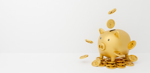 3d gold piggy bank isolated on white background abstract with gold coins falling. 3d rendering for advertisement board, investment banking financial. Save money business finance. Pig money box icon.