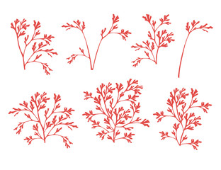 Wall Mural - set of red coral seaweeds silhouettes flat vector illustration isolated on white background