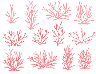 Wall Mural - set of red coral seaweeds silhouettes flat vector illustration isolated on white background