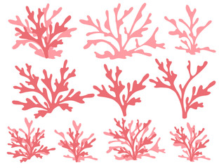  Set of red coral seaweeds silhouettes flat vector illustration isolated on white background