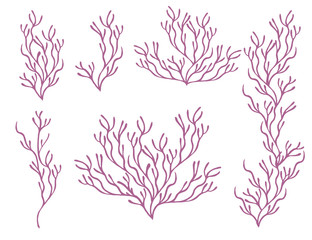 Wall Mural - set of purple coral seaweeds silhouettes flat vector illustration isolated on white background