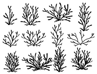 Wall Mural - set of black coral seaweeds silhouettes flat vector illustration isolated on white background