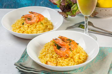 Poster - Prawn risotto with saffron, lemon, Traditional italian dish 